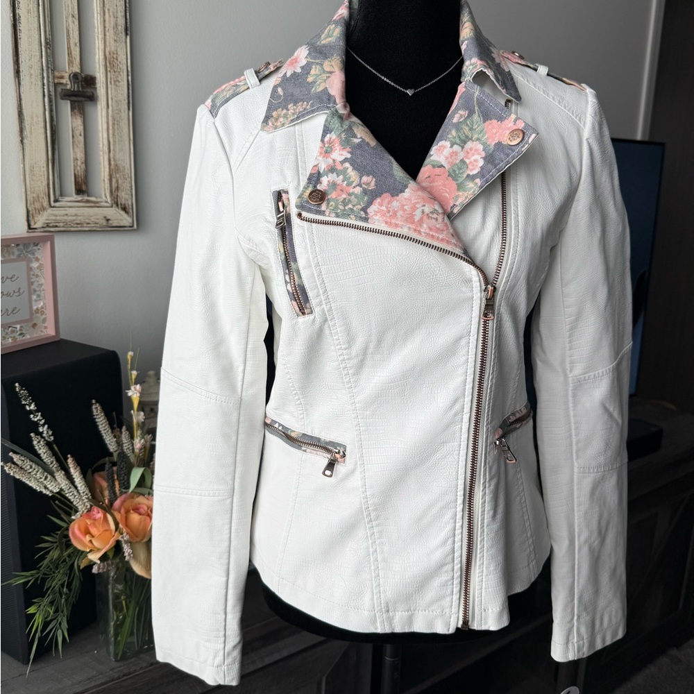 Jessica Simpson White Moto Jacket with Pink Floral Trim